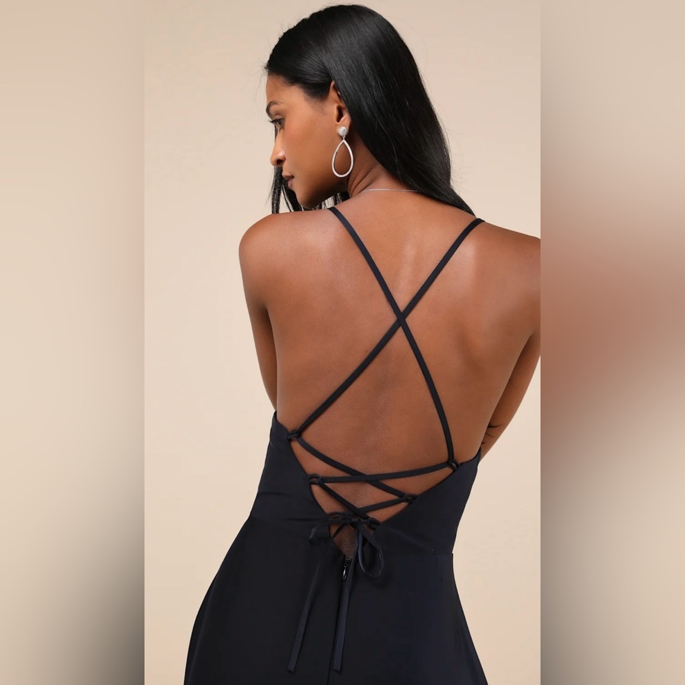 Lulus Stylish Grace Navy Blue Lace Up Ruffled Backless Maxi Formal Dress S, NEW - Picture 9 of 14